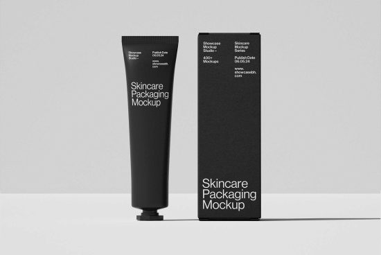 Minimalist skincare packaging mockup featuring a sleek tube and box design for designers. Ideal for branding presentations and product packaging design projects.