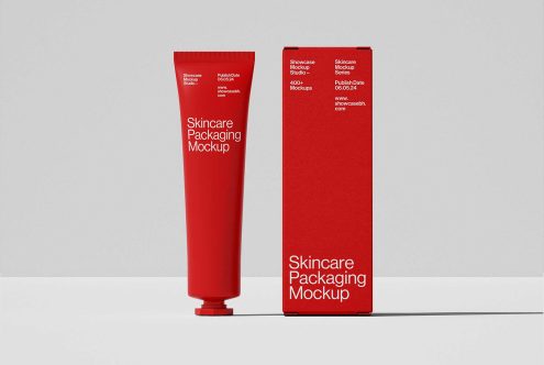 Skincare packaging mockup featuring a red tube and box. Ideal for designers creating product presentations. Keywords: skincare, packaging, mockup, product design.