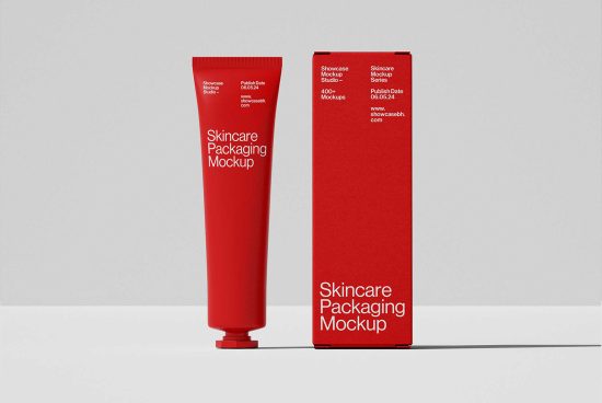 Skincare packaging mockup featuring a red tube and box. Ideal for designers creating product presentations. Keywords: skincare, packaging, mockup, product design.