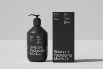Black skincare bottle with pump next to matching box packaging mockup