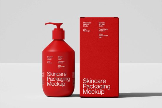 Red skincare packaging mockup bottle with pump and matching box. Keywords: skincare packaging mockup, design, templates, graphics, digital assets for designers.