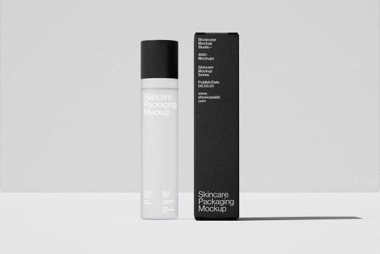 Skincare packaging mockup featuring a minimalistic design with a white bottle and black box, ideal for designers creating product presentations.