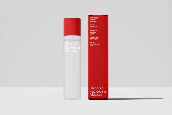 Skincare packaging mockup featuring a red-capped bottle and matching red box. Ideal for designers seeking realistic product presentation templates.