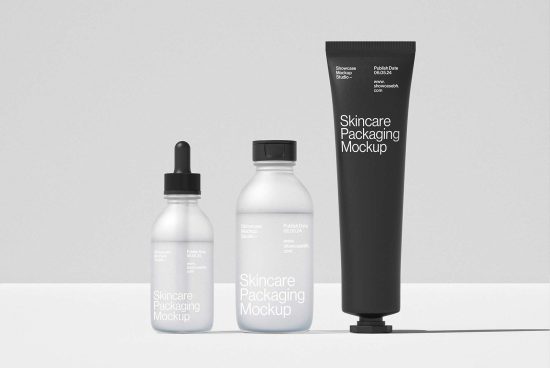 Cosmetic packaging mockup featuring dropper bottle, pump bottle and tube. Ideal for skincare product design. Suitable for designers seeking realistic mockup templates.
