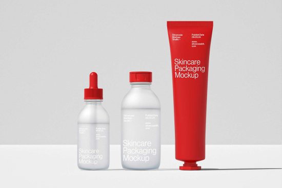 Skincare packaging mockup featuring bottles and a tube with red caps. Ideal for showcasing product designs. Keywords: mockup, skincare, packaging, design, templates.