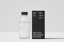 Clear bottle with black cap next to dark charcoal box mockup