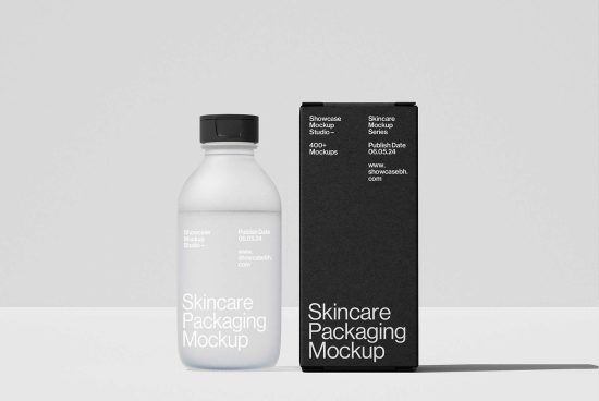Skincare packaging mockup with a clear bottle and black box on minimalist background suitable for designers and digital assets. Ideal for showcasing product designs.