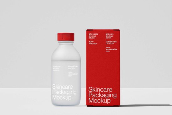 Skincare packaging mockup featuring white bottle with red cap and matching red box. Modern and minimalist design template for showcasing product branding.