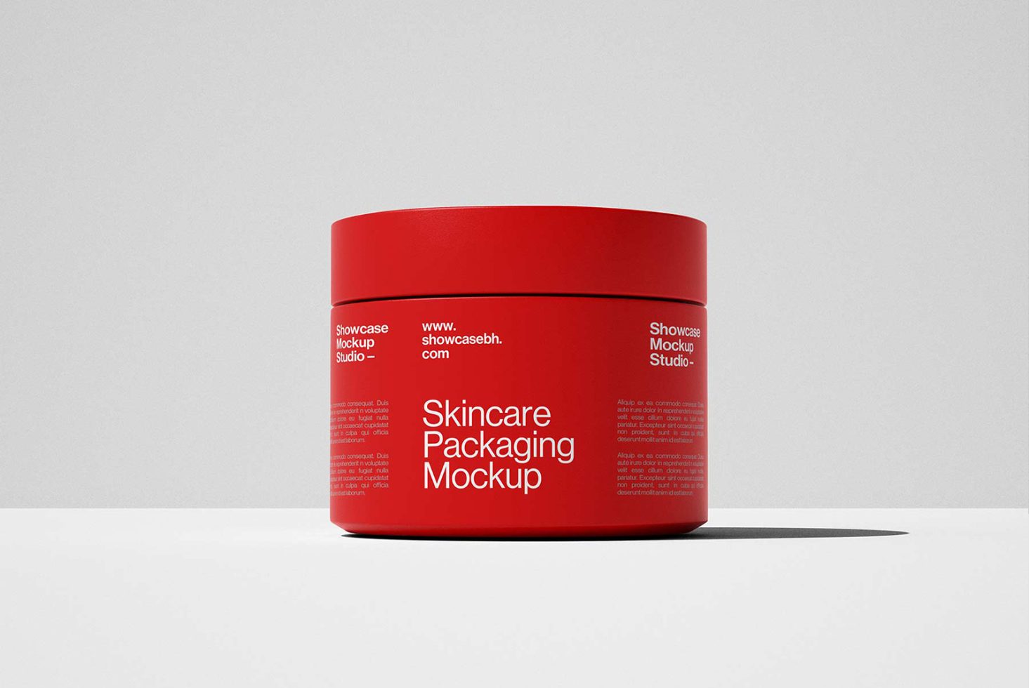 Red skincare packaging mockup container with centered product label suitable for showcasing branding and design. Keywords: Mockups, Packaging, Design, Template