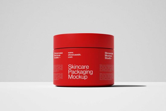 Red skincare packaging mockup container with centered product label suitable for showcasing branding and design. Keywords: Mockups, Packaging, Design, Template