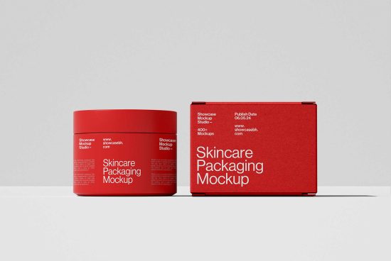 Red skincare packaging mockup featuring a round jar and rectangular box against a neutral background. Ideal for showcasing beauty product designs.