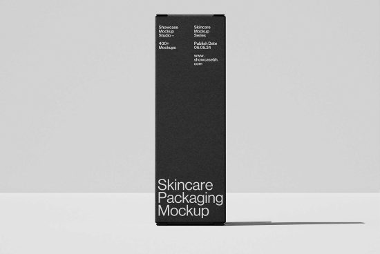 Minimalist skincare packaging mockup in black, showcasing a clean design for cosmetic branding. Ideal for designers needing sleek, professional mockup templates.