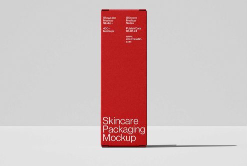 Red skincare packaging mockup standing on a white surface, showcasing modern minimalist design. Perfect for skincare product presentations and branding.