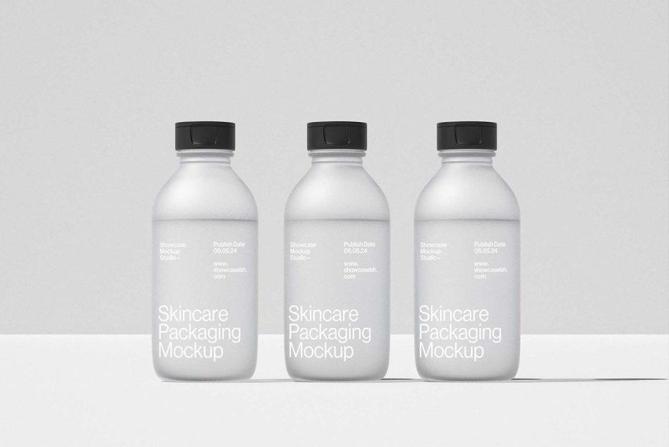 Three minimalistic skincare packaging mockup bottles shown side by side. Ideal for designers in search of clean, professional mockup templates.