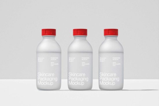 Three white skincare packaging bottles mockup with red caps, for designers, isolated on grey background. Ideal for showcasing product packaging design.