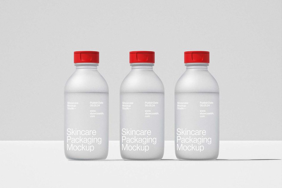 Three white skincare packaging bottles mockup with red caps, for designers, isolated on grey background. Ideal for showcasing product packaging design.