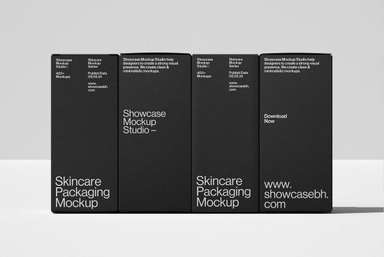 Black skincare packaging mockup boxes with white text for Showcase Mockup Studio. Ideal for designers creating minimalistic visual presentations. Templates and graphics.