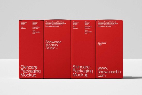 Skincare packaging mockup by Showcase Mockup Studio. Elegant red boxes with white text perfect for designers. Download crisp, minimalistic mockups for product presentation.