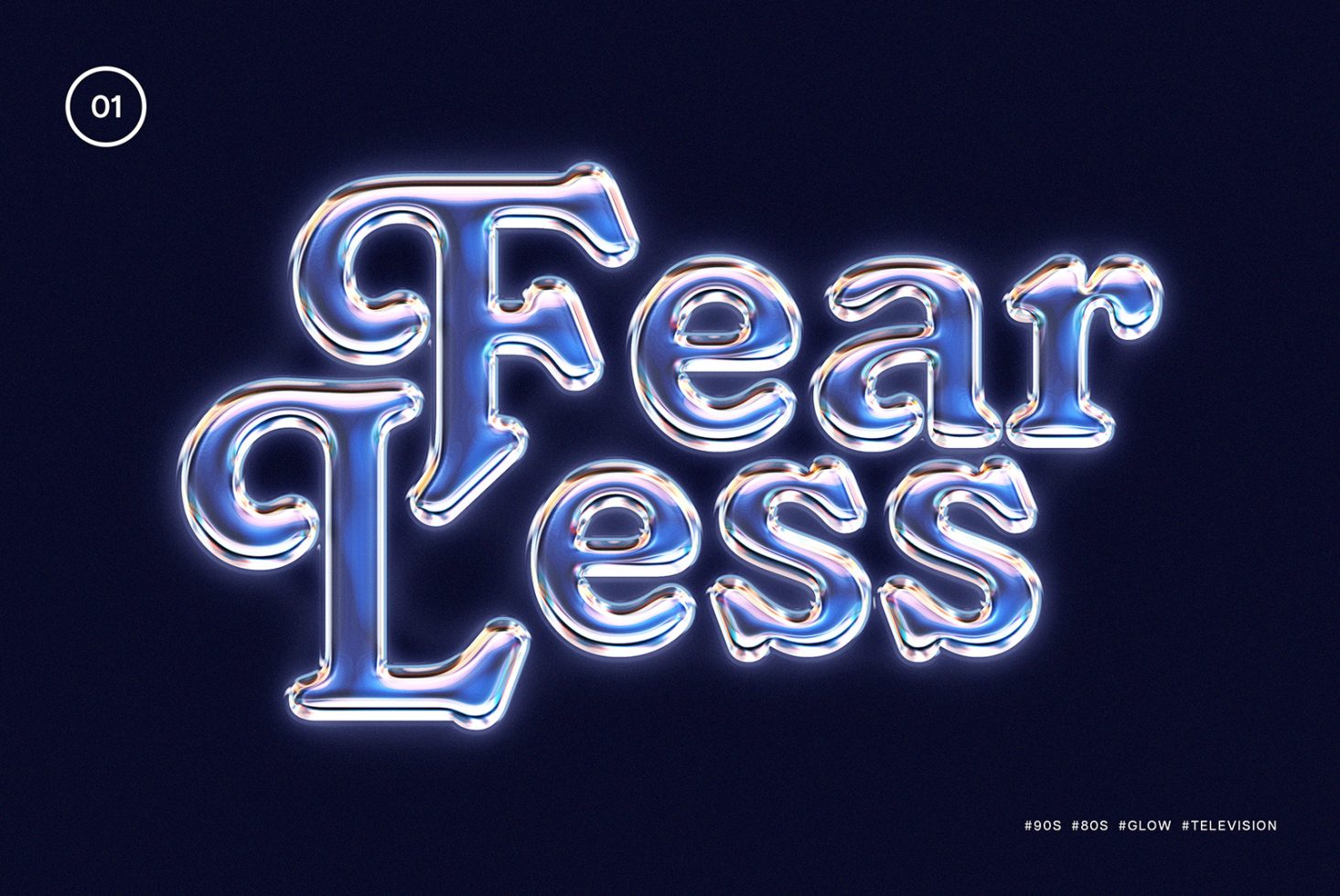 Neon glowing 3D typography design on dark background spells Fear Less. Perfect for graphics, templates, and mockups. Keywords: typography, design, neon, 3D.