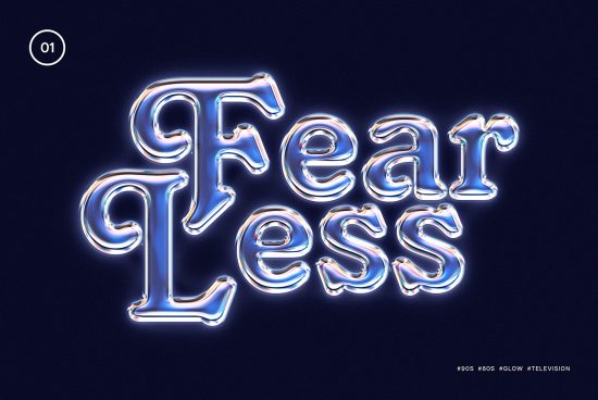 Neon glowing 3D typography design on dark background spells Fear Less. Perfect for graphics, templates, and mockups. Keywords: typography, design, neon, 3D.