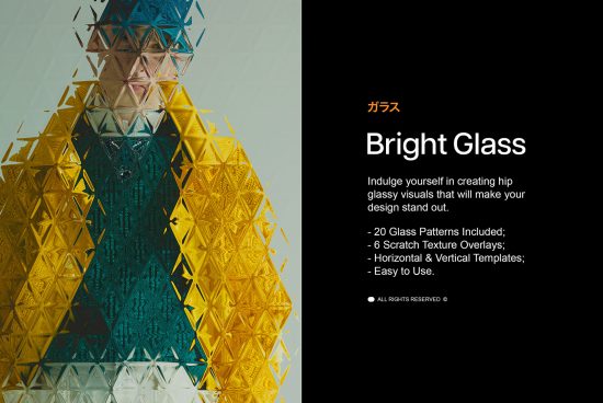 Bright Glass design asset features 20 glass patterns 6 scratch textures horizontal and vertical templates for designers to create unique visual effects mockups.
