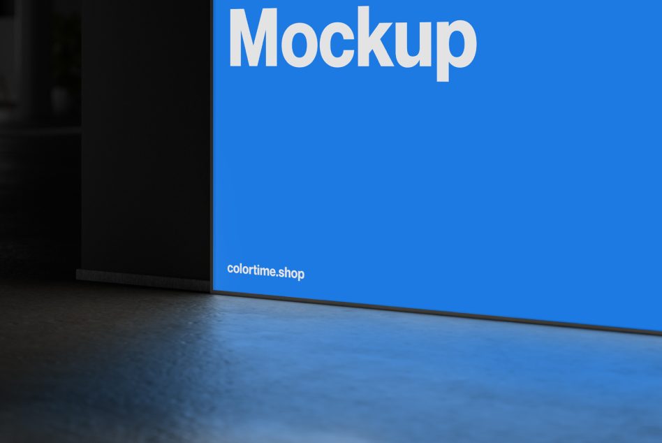 Blue mockup poster on dark background with colortime dot shop at bottom for designers to showcase templates. Keywords: Mockup Template Design Poster.