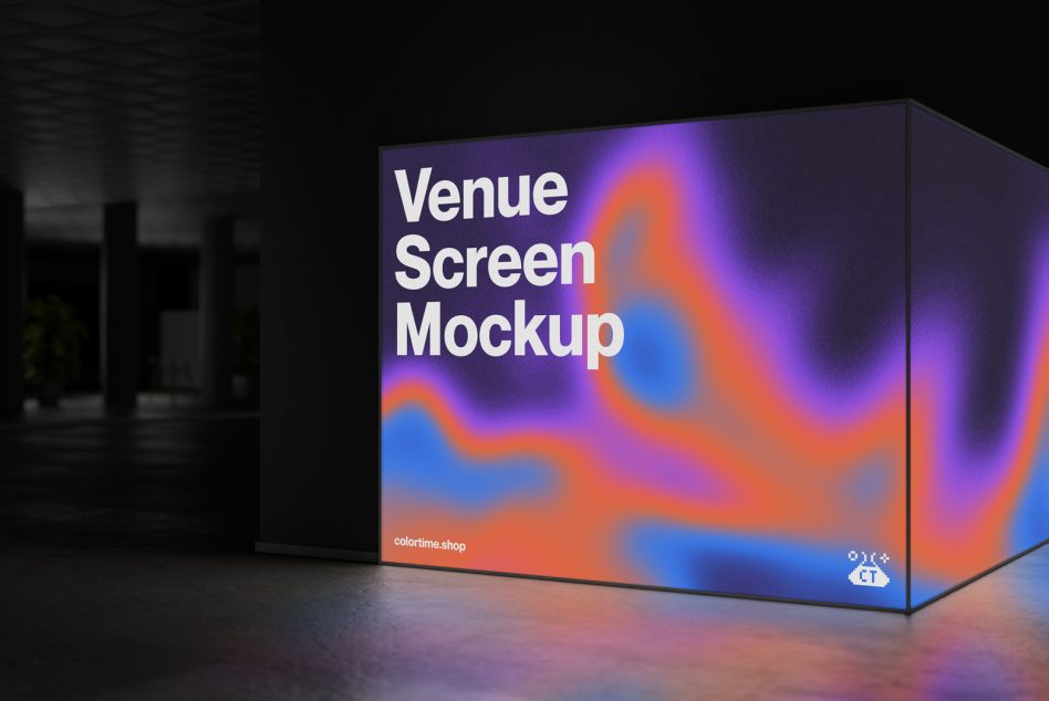 Venue screen mockup with fluid colorful gradients against a dark background. Perfect for designers creating advertising, event displays and exhibit templates.