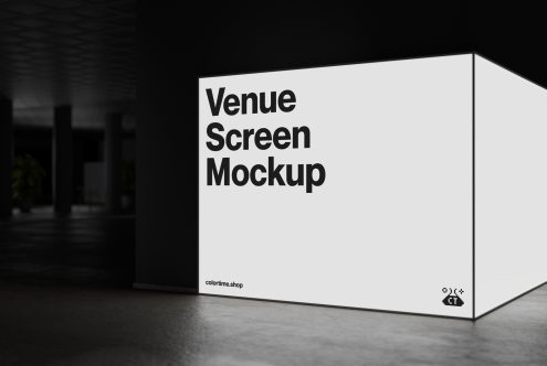 Modern venue screen mockup showcasing bold typography in a dark indoor setting suitable for designers looking for premium graphic templates and mockups.