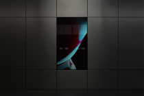 Phone screen mockup on dark tile wall with neon gradient glow