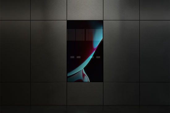 Minimalistic wall with a vertical rectangular screen displaying abstract digital art in sleek black setting. Ideal for designers seeking mockups and templates.
