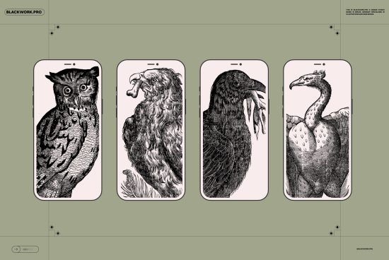 Monochromatic bird illustrations are displayed on four smartphones, showcasing intricate blackwork designs. Keywords: mockups, templates, graphics, illustrations.