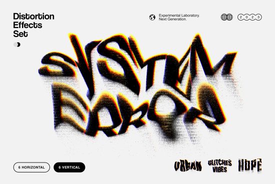 Distortion Effects Set includes 6 horizontal and 6 vertical glitch and urban style text effects suitable for graphic design projects, mockups and templates.