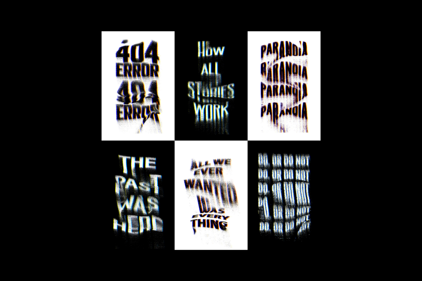 Distorted text designs with phrases like 404 Error Paranoia and The Past Was Here; suitable for digital assets like Logos, Poster Mockups, Typography Templates.