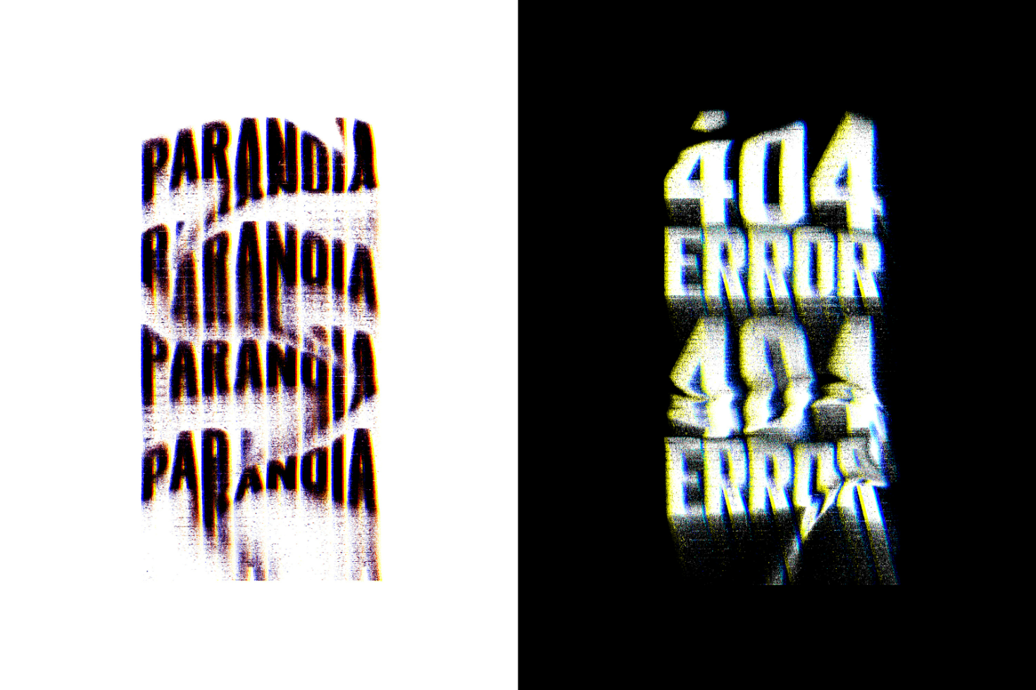 Glitch text graphics pack with distorted text effects for designers. Includes PARANOIA and 404 ERROR designs. Ideal for typography, mockups, and digital art.