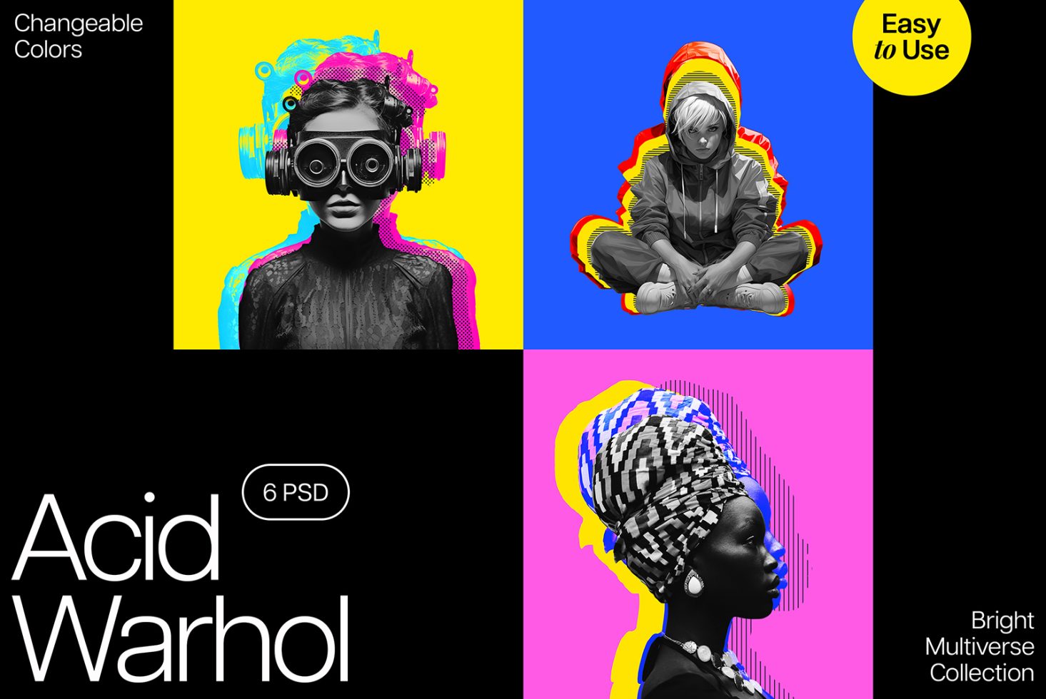 Acid Warhol 6 PSD Templates for Designers, customize color and style. Perfect for creating vibrant, retro-inspired graphics for your design projects.