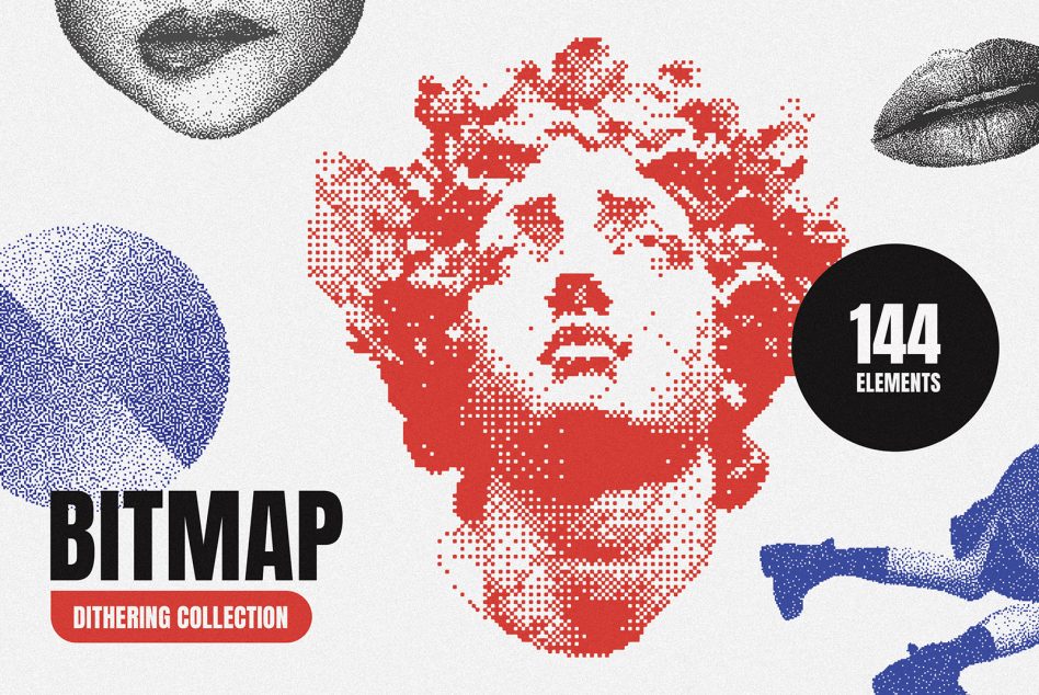 Bitmap Dithering Collection of 144 elements. Features halftone textures, bitmap graphics, abstract patterns. Perfect for designers creating unique visual artwork.