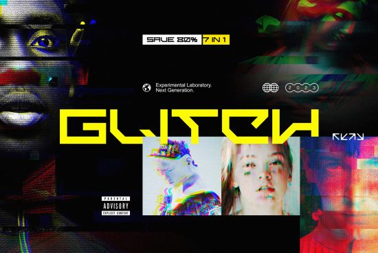 Glitch effect toolkit with futuristic design elements for designers. Includes 7 in 1 mockups templates and graphics. Experimental visuals for creative projects.