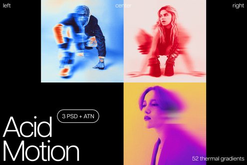 Acid Motion mockup for designers with thermal gradient effects; includes 3 PSD and ATN files, creating vibrant, dynamic visuals for graphics. 52 thermal gradients.