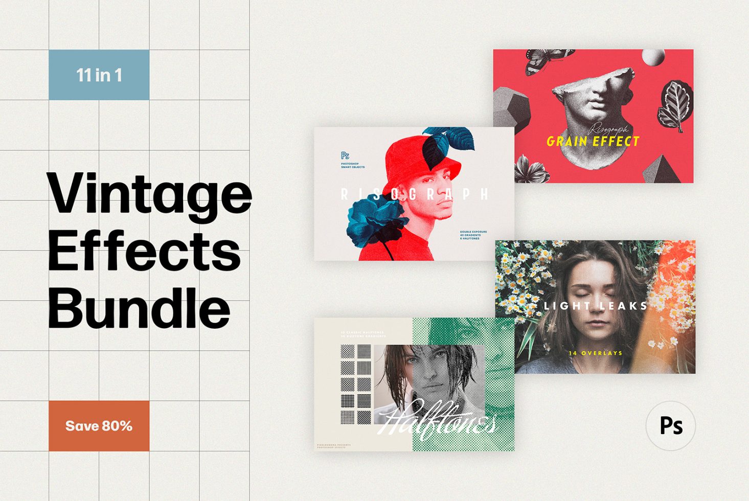 Vintage Effects Bundle includes 11 Photoshop retro graphic effects such as Risograph, Grain Effect, Halftones, Light Leaks. Save 80 percent. Perfect for designers.