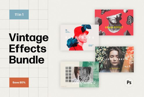 Vintage Effects Bundle includes 11 Photoshop retro graphic effects such as Risograph, Grain Effect, Halftones, Light Leaks. Save 80 percent. Perfect for designers.