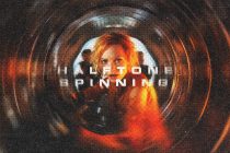 Glitchy halftone design with concentric circles, orange fire glow, white pixelated text overlay on dark textured background