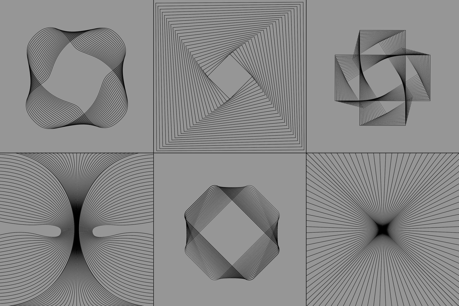 Abstract geometric line art shapes and patterns on a gray background Illustrations of wavy lines squares and curves Perfect for graphic design templates