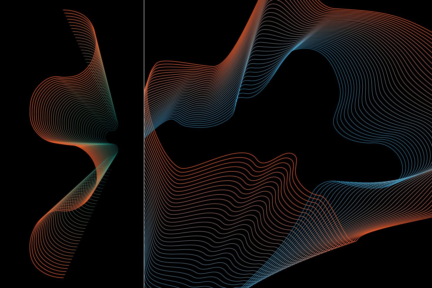 Abstract line art graphic with orange and blue curves on a black background, ideal for digital assets, graphics, backgrounds or design templates.