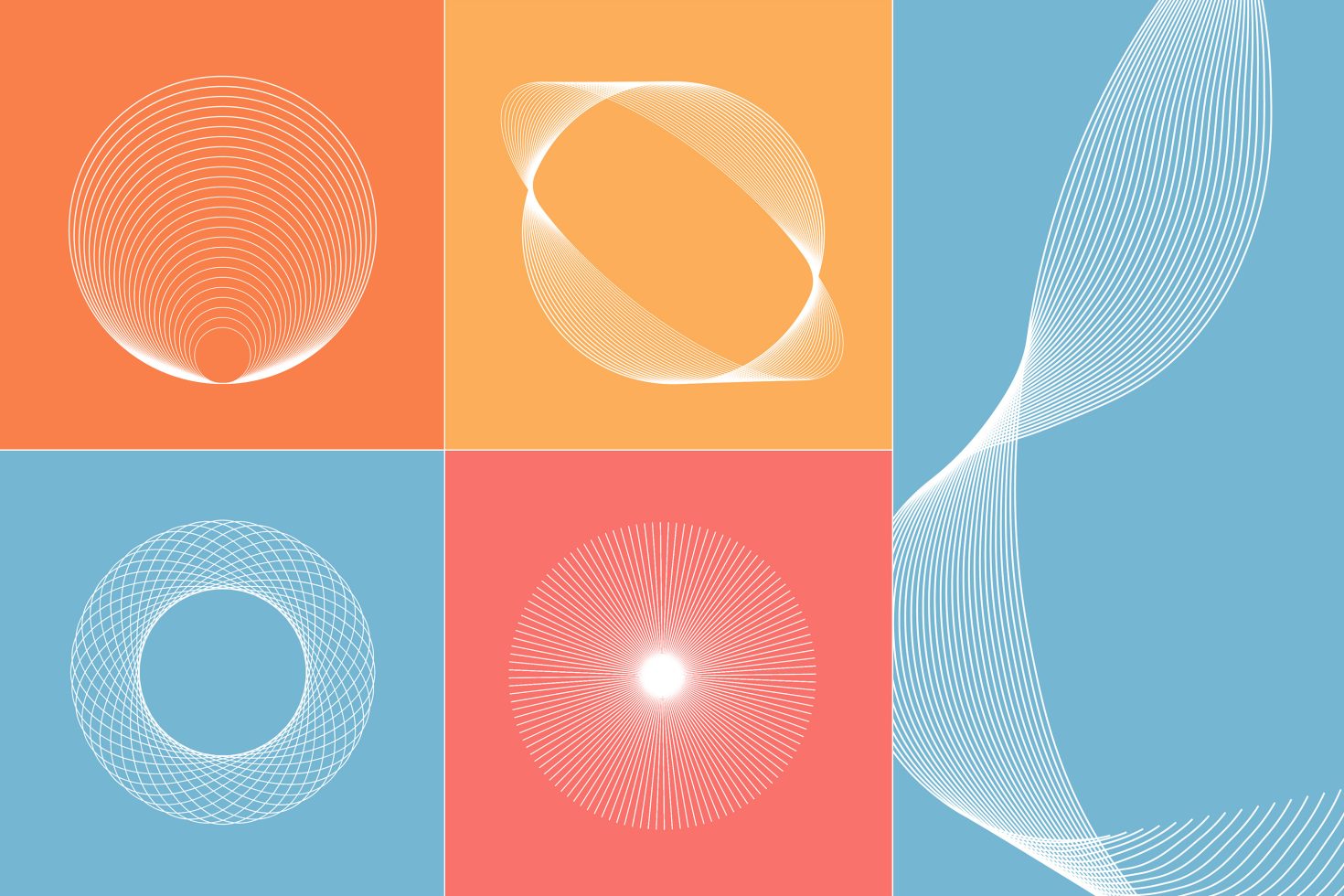 Geometric patterns vector set featuring abstract lines in circles and waves. Ideal for graphic design, templates, mockups, backgrounds, and digital assets.