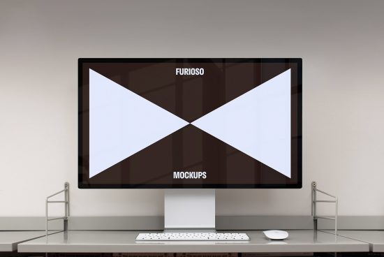 Desktop computer screen mockup for designers showing design and layout previews. High-resolution template for UI UX design, web development, and graphic projects.