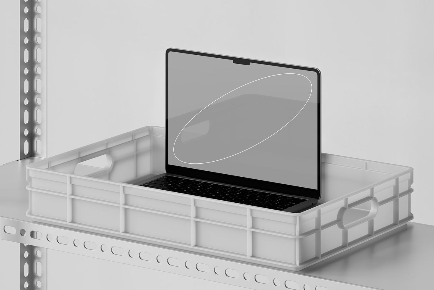 Mockup laptop in plastic crate on metal shelf versatile for e-commerce designers and product presentations in digital marketing campaigns sleek design.