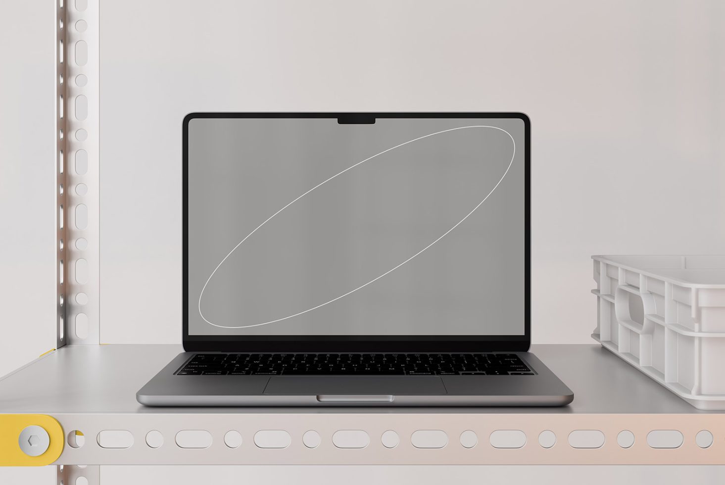 Laptop screen mockup on metal shelf in modern workspace with minimal design elements ideal for digital assets, mockups, templates, web design, and graphic use