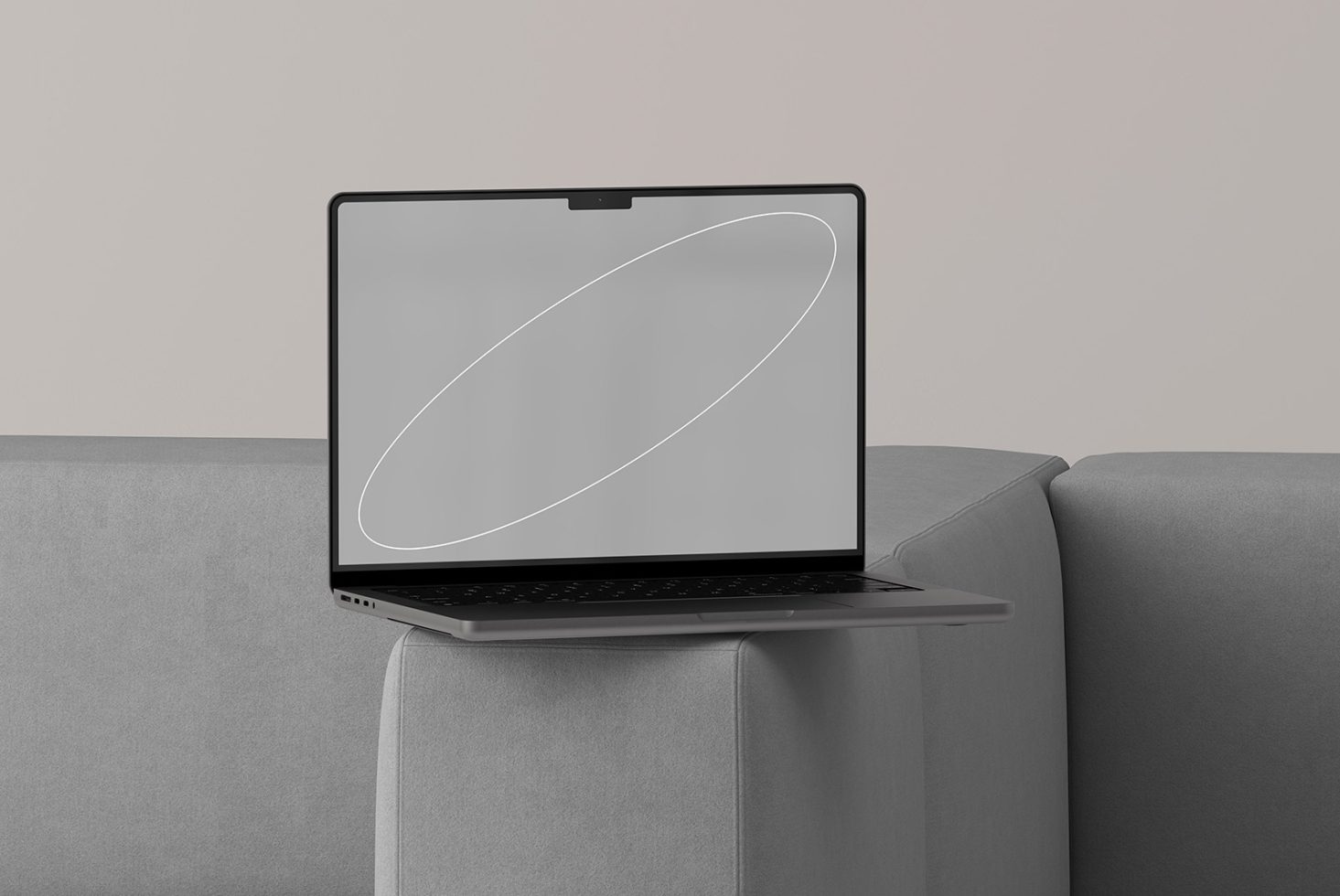 Modern laptop mockup on minimalist gray couch for digital presentations and product showcase. Ideal for mockups, templates, graphic design projects.