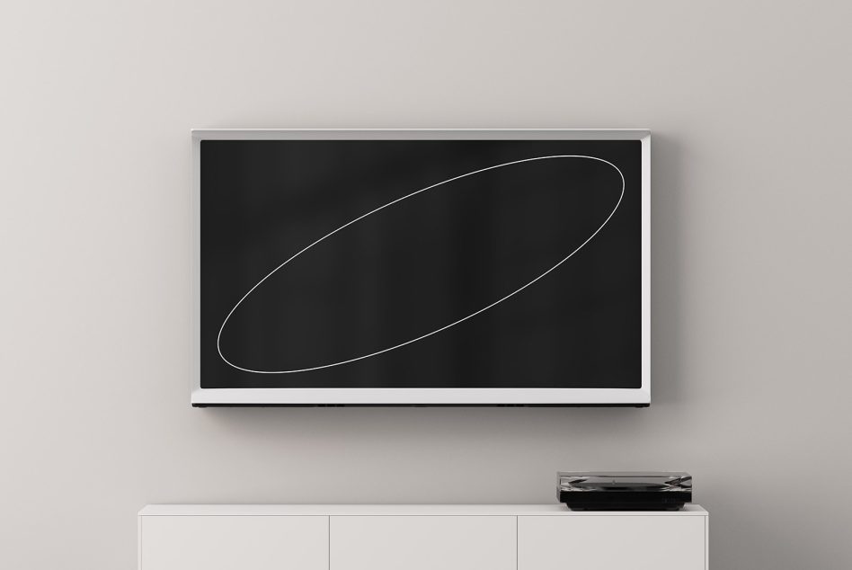 Wall mounted TV mockup with minimal white line illustration on black screen display