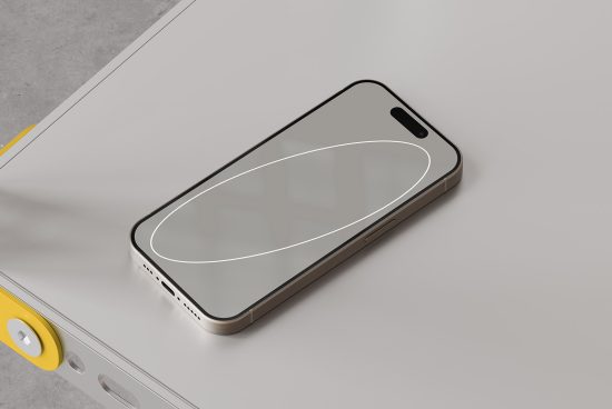 Mockup of a modern smartphone with a reflective screen on a sleek white table, targeted for designers seeking high-quality mobile device mockups for projects.